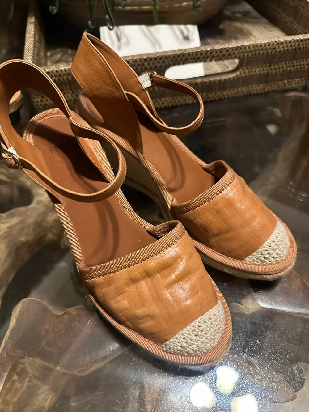 Fendi Brown FF Embossed Leather Espadrille Ankle Strap Wedge Sandals